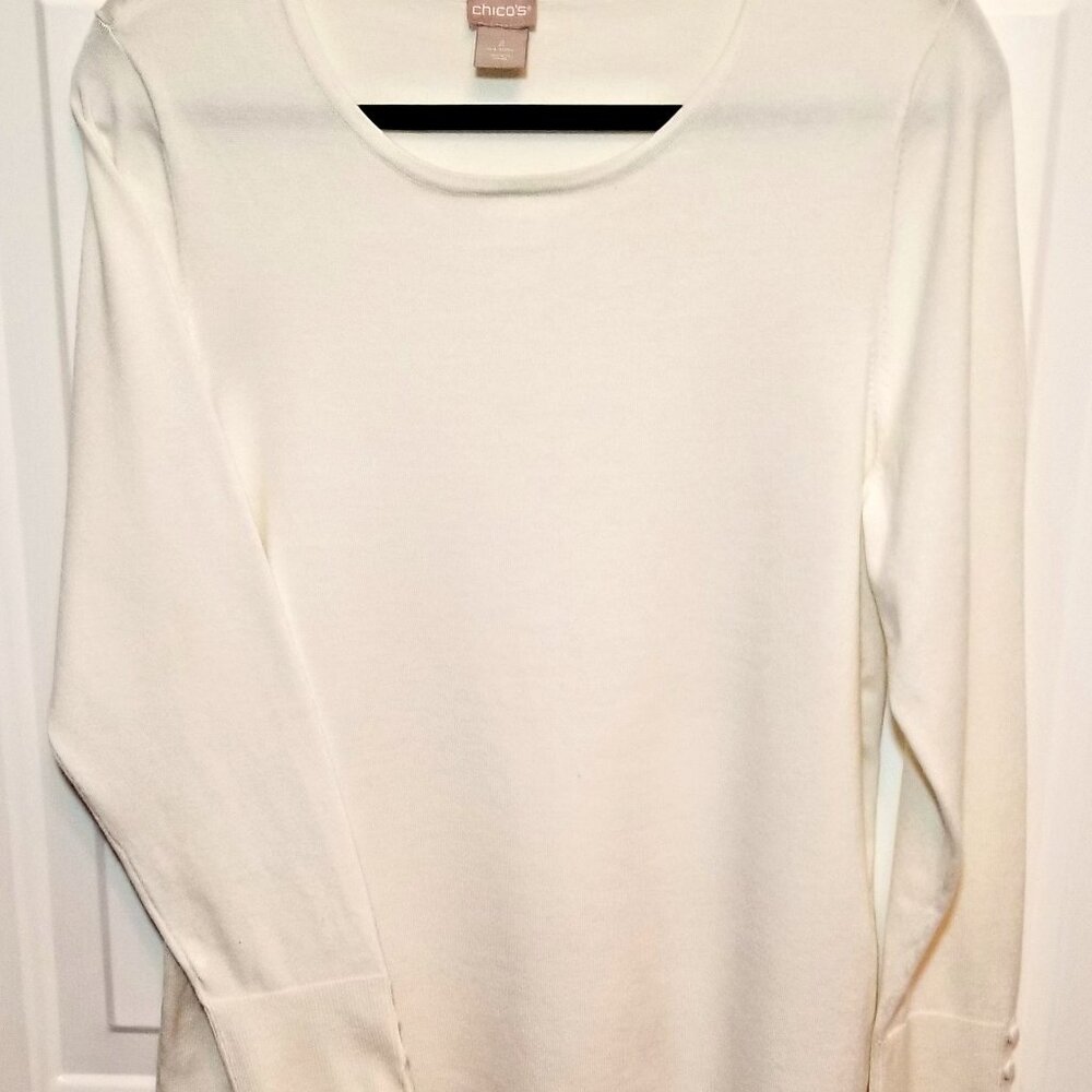 Chico's Ivory Lightweight Knit Sweater with Cuff Button Detail ~ Chico Sz 2 or L